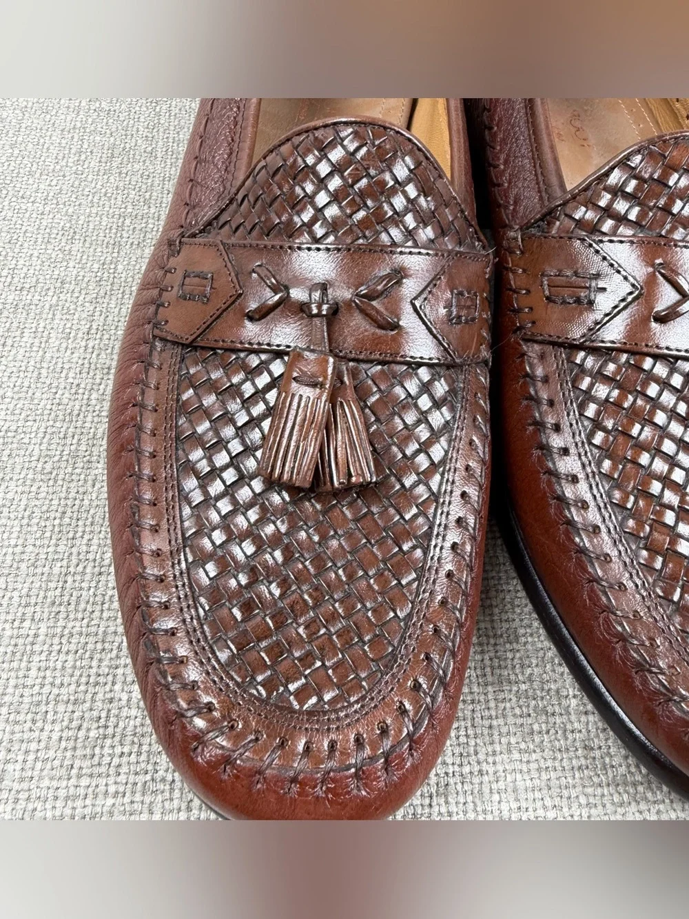 Brass Boot Men's 10 Brown Leather Woven Tassel Loafers Shoes Academia Preppy